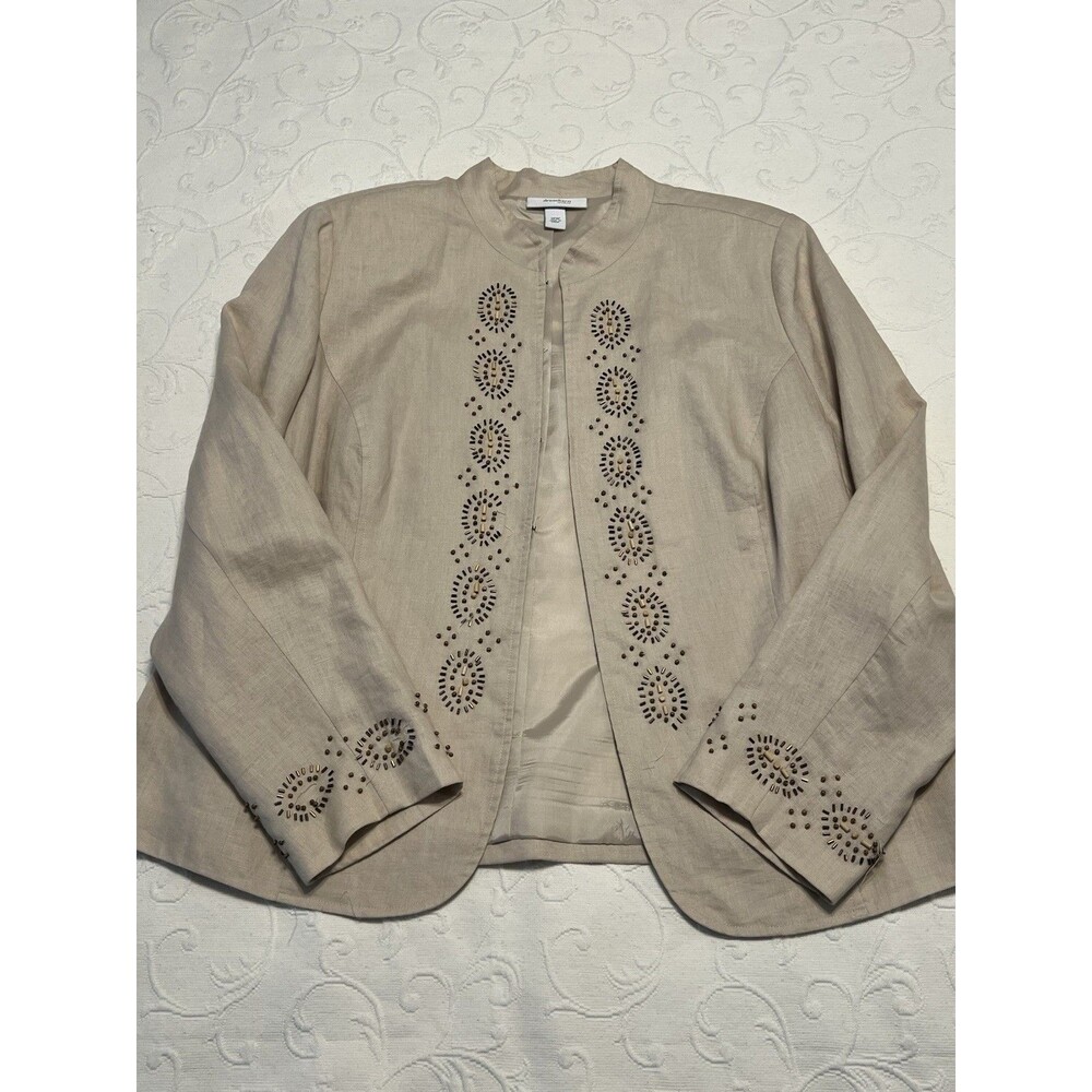 Dressbarn Woman Size 16W Tan Beaded Linen Blend Open Jacket AS IS